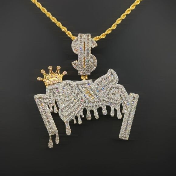 14K Bi-Color Finish Crown Money - Free 24" x 3mm Rope Chain. - Picture 4 of 8